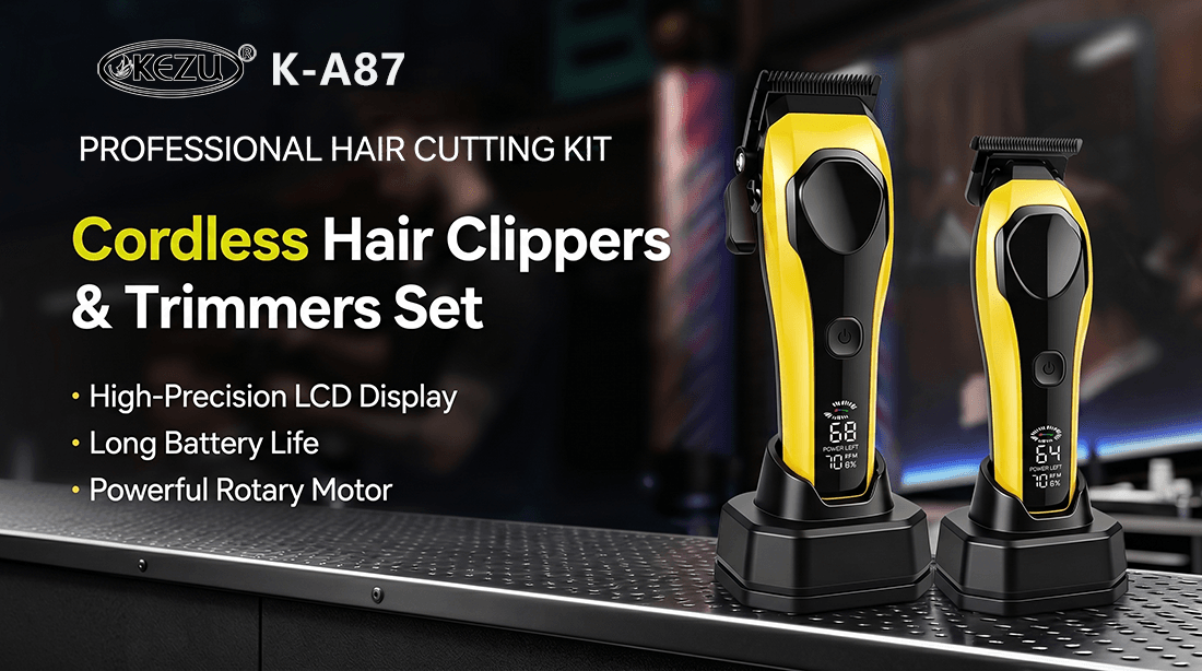 KEZU Professional Cordless Hair Clipper & T-Blade Trimmer Set - 7000 RPM High-Speed Motor, LED Digital Display, Rechargeable Barber Kit with Charging Base for Men’s Fades, Beard & Home Grooming